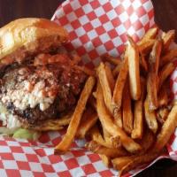 Blue Oinker Burger · Bacon and blue cheese.