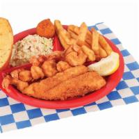 Fish & Shrimp Plate · One fried cod fillet, six fried shrimp, with two sides, bread, and hush puppies.