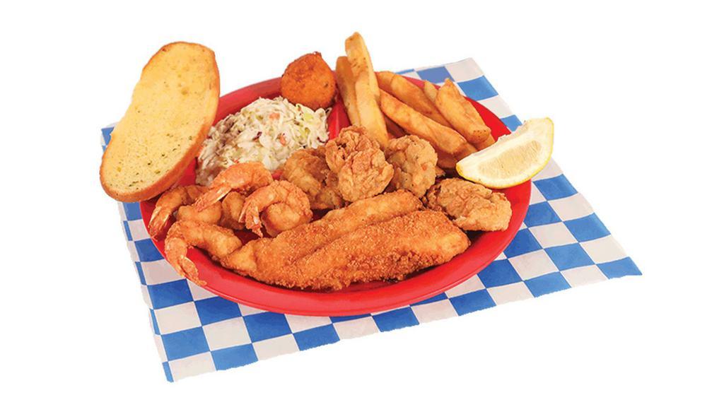 Fisherman'S Platter · Includes one fried cod fillet, four fried shrimp, and four fried oysters, with two sides, bread, and hush puppies.