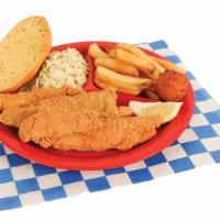 1 Pc. Fried Catfish Plate · Served with two sides, bread, and hush puppies.