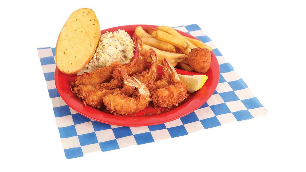 8 Pc. Coconut Shrimp Plate · Served with two sides, bread, and hush puppies.
