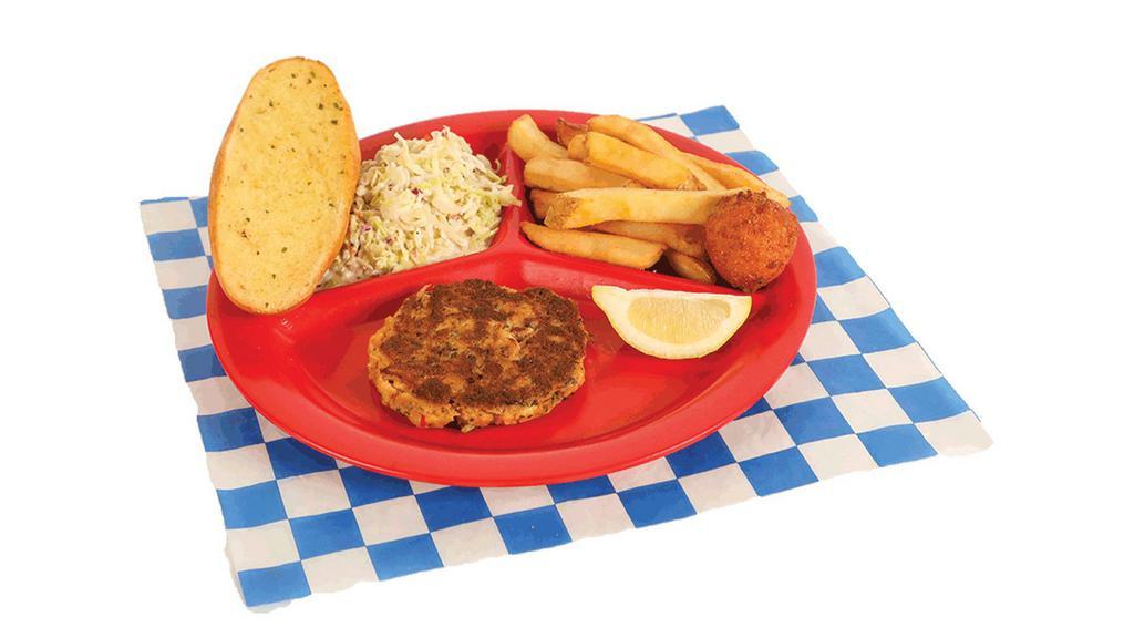 Crab Cake Plate · Served with two sides, bread, and hush puppies.