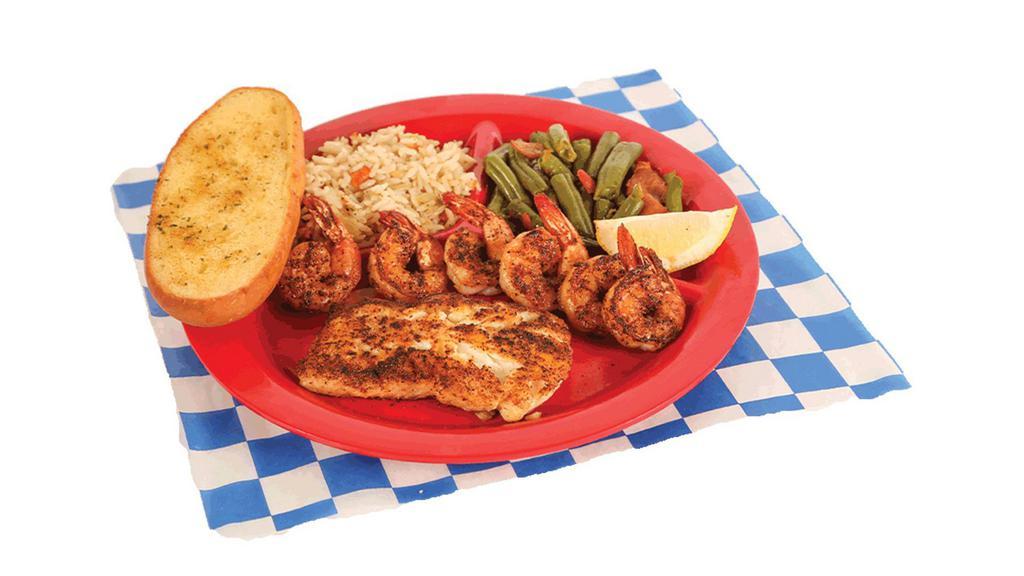 Grilled Lemon Pepper Cod & Shrimp Plate · Served with two sides & bread.