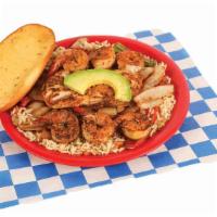 Fish & Shrimp Mexican Style · Includes 1 grilled cod fillet, 6 grilled shrimp, sautéed rice & bread.
