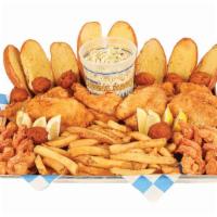 8 Pc. Fried Cod & 16 Pc. Fried Shrimp Family Meal · Served with fries, coleslaw, bread, and hush puppies.