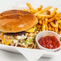 Double Cheeseburger With Fries · Served with lettuce, tomato, onion, ketchup, mayonnaise, mustard, american cheese, pickled j...