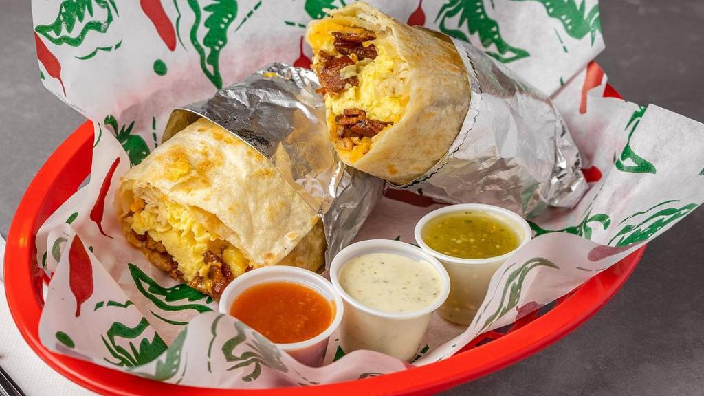 Great Gordo · A gigantic flour tortilla stuffed with scrambled eggs, potatoes, cheese, and your choice of bacon, sausage, or chorizo.