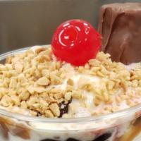Snickers Parfait Sundae · Hot fudge, caramel, chopped nuts and fun sized snickers.