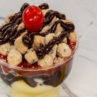 Red Hot Cookie Sundae · Hot fudge, strawberries and chocolate chip cookie dough.