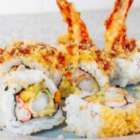 Crunch Roll · Shrimp tempura, avocado, jalapeno inside, topped with crunch, sweet soy, mayo and eel sauce.
