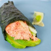 California Roll · Snow crab, avocado, cucumber inside, topped with masago.