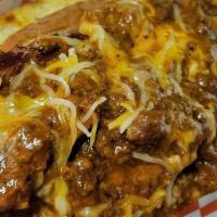 #8- Gnb Chili Dog · ¼ Lb All-Beef Hot Dog, Grilled Beef Chili, Shredded Cheddar Cheese, Grilled Onions
