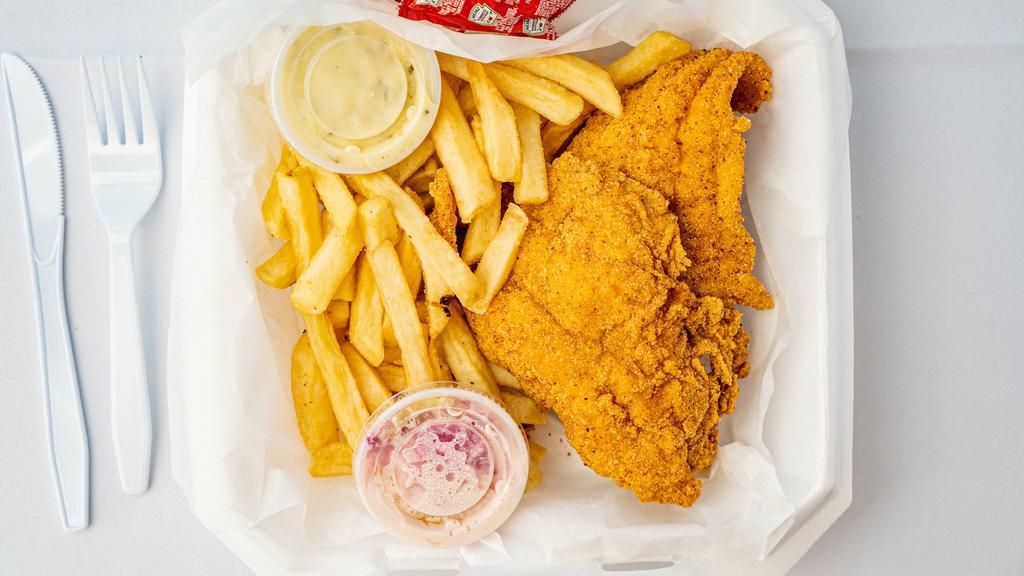 American Catfish Fillet · Includes fries and coleslaw.