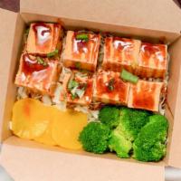 Fried Tofu Bento · Rice, deep fried tofu, cabbage, broccoli, sushi ginger, pickled radish, green onion, your ch...
