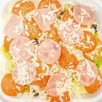 Chef Salad · lettuce, tomatoes, green olives, black olives, green pepper, onion, Canadian bacon, ham, sal...