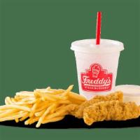 Kid'S Tender Combo · Served with Freddy's fries, Baked Lays® or Mott’s® Natural Applesauce and Milk, Water, or th...