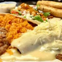 Trio Sampler · One Enchilada, One Taco, and Two Taquitos, with your choice of Rice and Beans