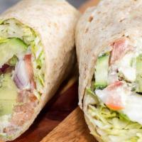 Veggie Wrap · Served with feta cheese, lettuce, tomato, onions, avocado and ranch dressing.