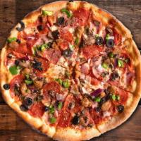 Papa Mike’S Pizza · Classic red sauce, House Mozzarella, pepperoni, ham, salami, fresh jalapenos, red onions, mu...