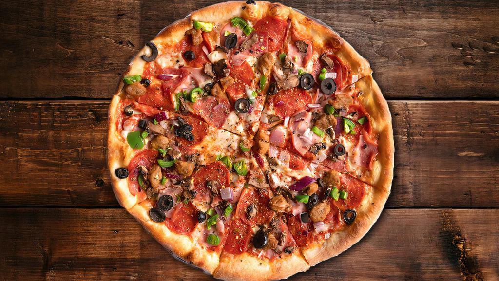 Papa Mike’S Pizza · Classic red sauce, House Mozzarella, pepperoni, ham, salami, fresh jalapenos, red onions, mushrooms, Italian sausage, black olives.