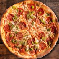 New Mexico Pizza · Classic red sauce, House Mozzarella, Feta, pepperoni, hatch green chile, bacon.