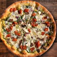 Mozart Pizza · Pesto, House Mozzarella, roasted tomatoes, mushroom, Parmesan, spinach/arugula , ricotta, re...