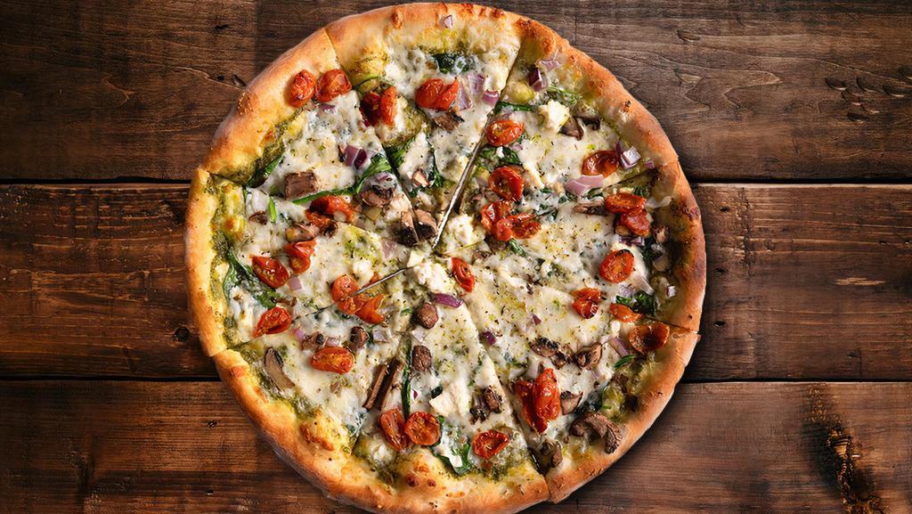 Mozart Pizza · Pesto, House Mozzarella, roasted tomatoes, mushroom, Parmesan, spinach/arugula , ricotta, red onions.