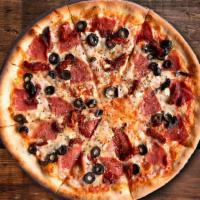 Bonnie & Clyde Pizza · Classic red sauce, House Mozzarella, salami, black olives, Sun Dried Tomatoes, Feta, Parmesan.