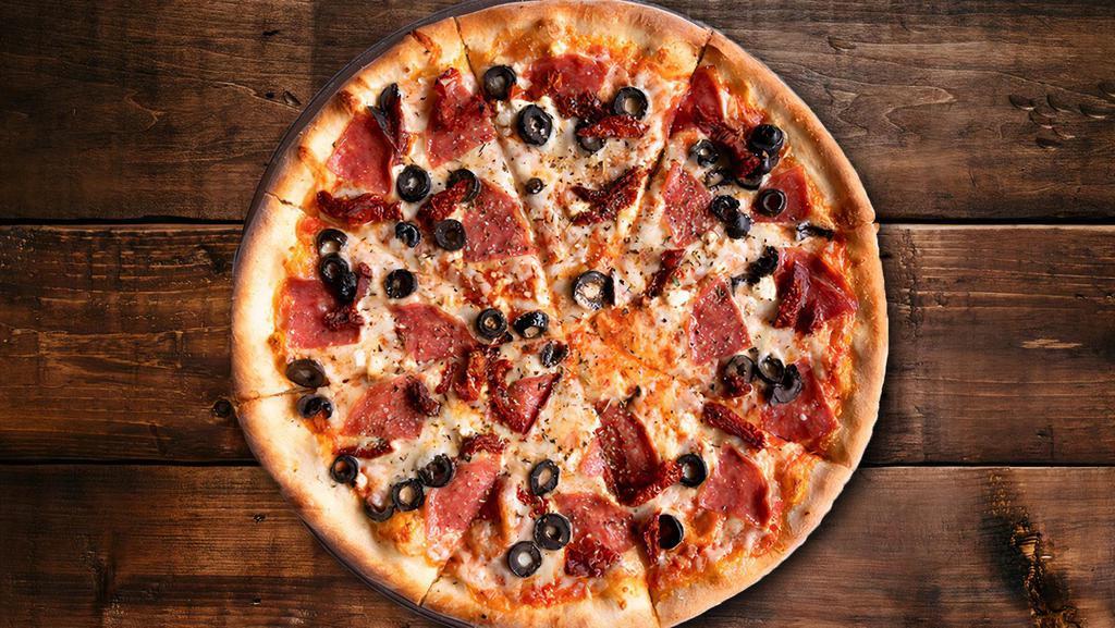 Bonnie & Clyde Pizza · Classic red sauce, House Mozzarella, salami, black olives, Sun Dried Tomatoes, Feta, Parmesan.