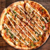 Buffalo Pizza · White sauce, House Mozzarella, Ricotta, roasted tomatoes, red onions, shrimp, Parmesan, fres...