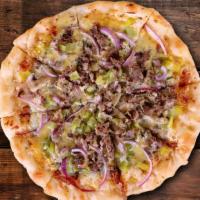Philly Pizza · Garlic EVOO, House Mozzarella, hatch green chile, mushrooms, white onions, shaved ribeye ste...