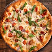 Bianka Pizza · White sauce, House Mozzarella, Ricotta, roasted tomatoes, red onions, shrimp, Parmesan, fres...