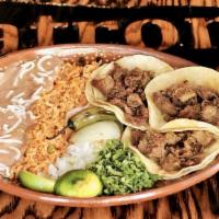 3 Taco Plate · Choice of meat, rice and beans.