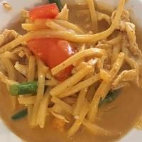 Red Curry · Choice Of Meat with bell pepper bamboo shoot basil in coconut milk and red curry paste