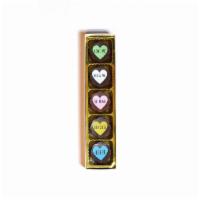 Valentine Sayings Hearts - Assorted Designs - Vanilla Sea Salt Caramel In Milk & Dark Chocolate · Box of 5 chocolate covered caramels