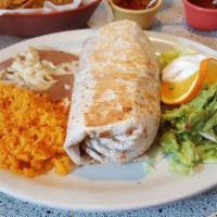 Burrito Jalisco · Asada or pastor, served with beans, tomato, lettuce, sour cream, gravy and melted cheese.