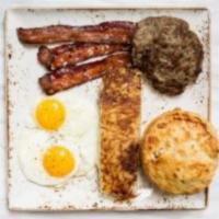 State Fare Breakfast · item contains pork. 2 eggs any style, house sausage patty, spicy brown sugar bacon, skillet ...