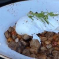 Bbq Smoked Beef Hash · 2 eggs any style, diced potatoes, bell peppers.