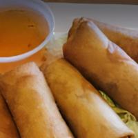 Thai Egg Roll 5 Pieces · Onion, carrot, egg, ground chicken deep fried, crispy spring, sweet and sour sauce for dippi...