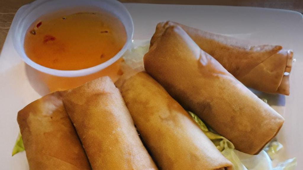 Thai Egg Roll 5 Pieces · Onion, carrot, egg, ground chicken deep fried, crispy spring, sweet and sour sauce for dipping.