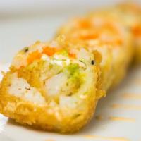 Crunchy Shrimp · Shrimp tempura, avocado, cucumber, jalapeño, roe, cream cheese, soy paper (fried).