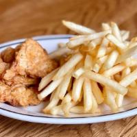 Kid Chicken Tenders · Chicken tenders served with fries and ketchup