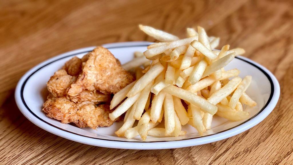 Kid Chicken Tenders · Chicken tenders served with fries and ketchup
