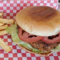 Alamo Vegan Burger · Healthy sweet potato-bean burger with vegan mayo. Comes with fries and drink. Comes with fri...