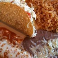 #6 · 1 Enchilada, 1 Taco with Rice and Beans
