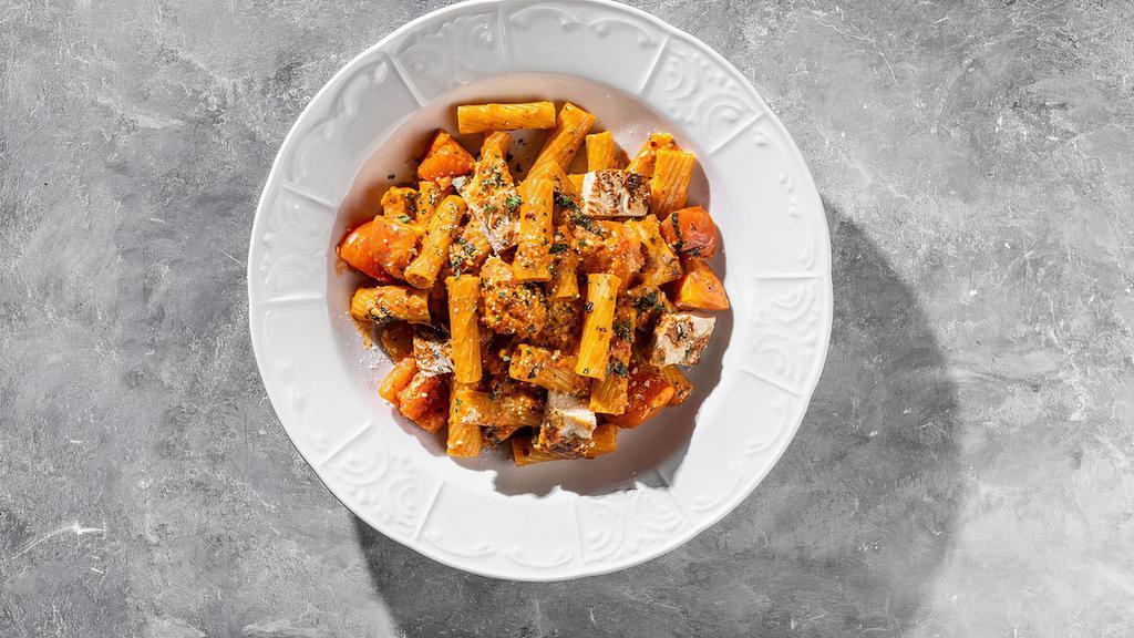 Spicy Chicken Arrabbiata · By Anthony's Eatalian. Spicy pasta dish with sauteed roma tomatoes and garlic. Rigatoni pasta tossed in our spicy arrabbiata sauce . Contains gluten. dairy. and nightshades. We cannot make substitutions.