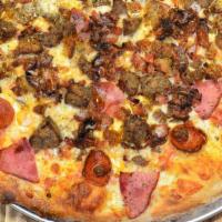 Meat Lovers Pizza · Pepperoni, Canadian bacon, Italian sausage, beef and bacon.