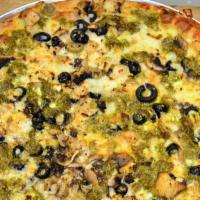 Mediterranean Pizza · Black olives, green olives, chicken, mushroom, Feta cheese, olive oil, pesto.