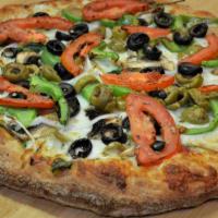 Veggie Pizza · Mushrooms, onions, green peppers, tomatoes, black olives, green olives, spinach.