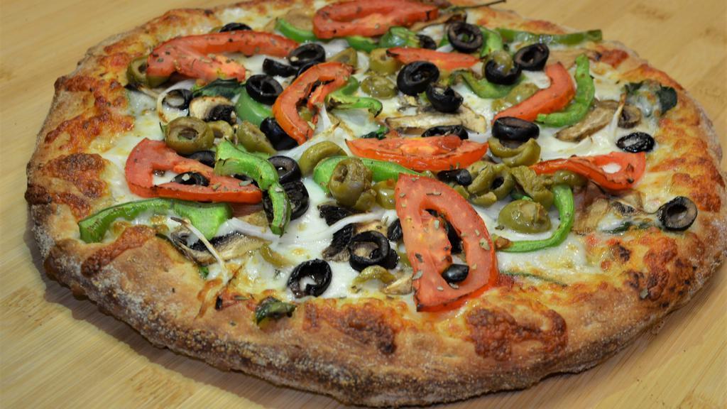 Veggie Pizza · Mushrooms, onions, green peppers, tomatoes, black olives, green olives, spinach.